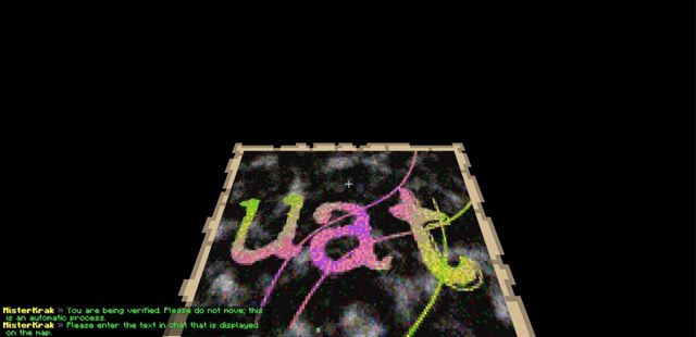 The anti-bot check: a map with a code and a chat prompt to type it