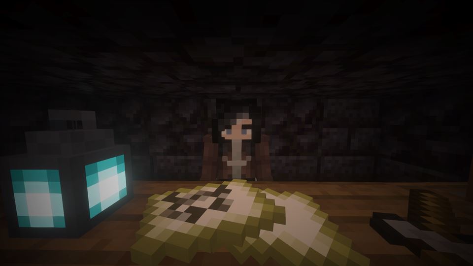 A shopkeeper behind the counter in a dark room lit by sea lanterns