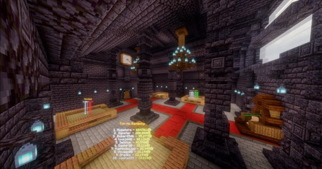 The Hall of Fame: holograms with the top players and clans hang under the chandeliers