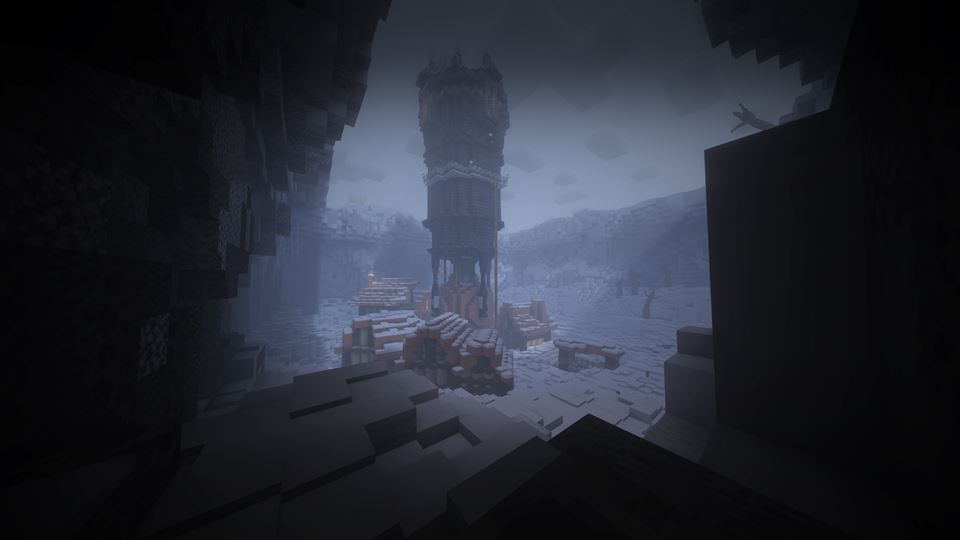 The snowy spawn: a dark tower in the fog, seen from a cave